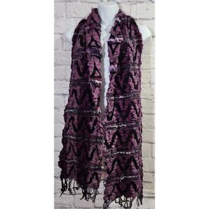 Purple Black Multi Textured Woven Scarf With Tassels Stretchy Warm Cozy